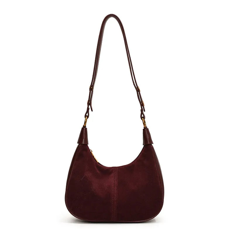 Retro commuter crossbody bag in PU with oval shape and three-dimensional pocket, shown in black, wine red, dark brown, or brown.
