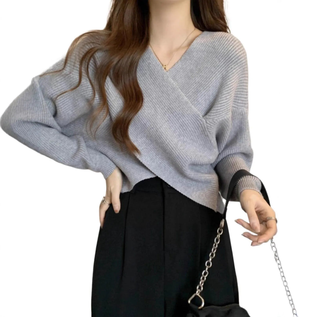 Loose long-sleeve sweater design blouse in white, red, pink, black, or grey, sizes S to L