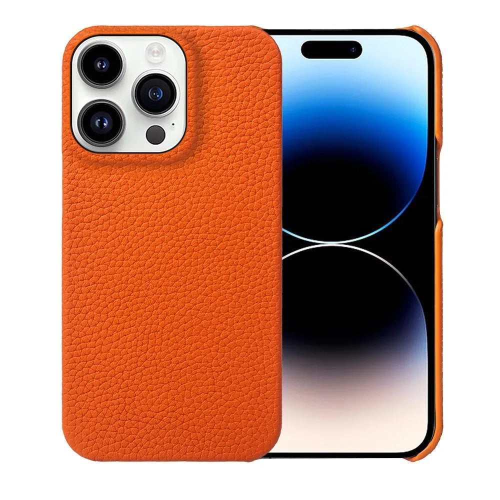 Genuine leather half pack phone case in orange, for iPhone 16 series, with anti-fall and anti-wear features
