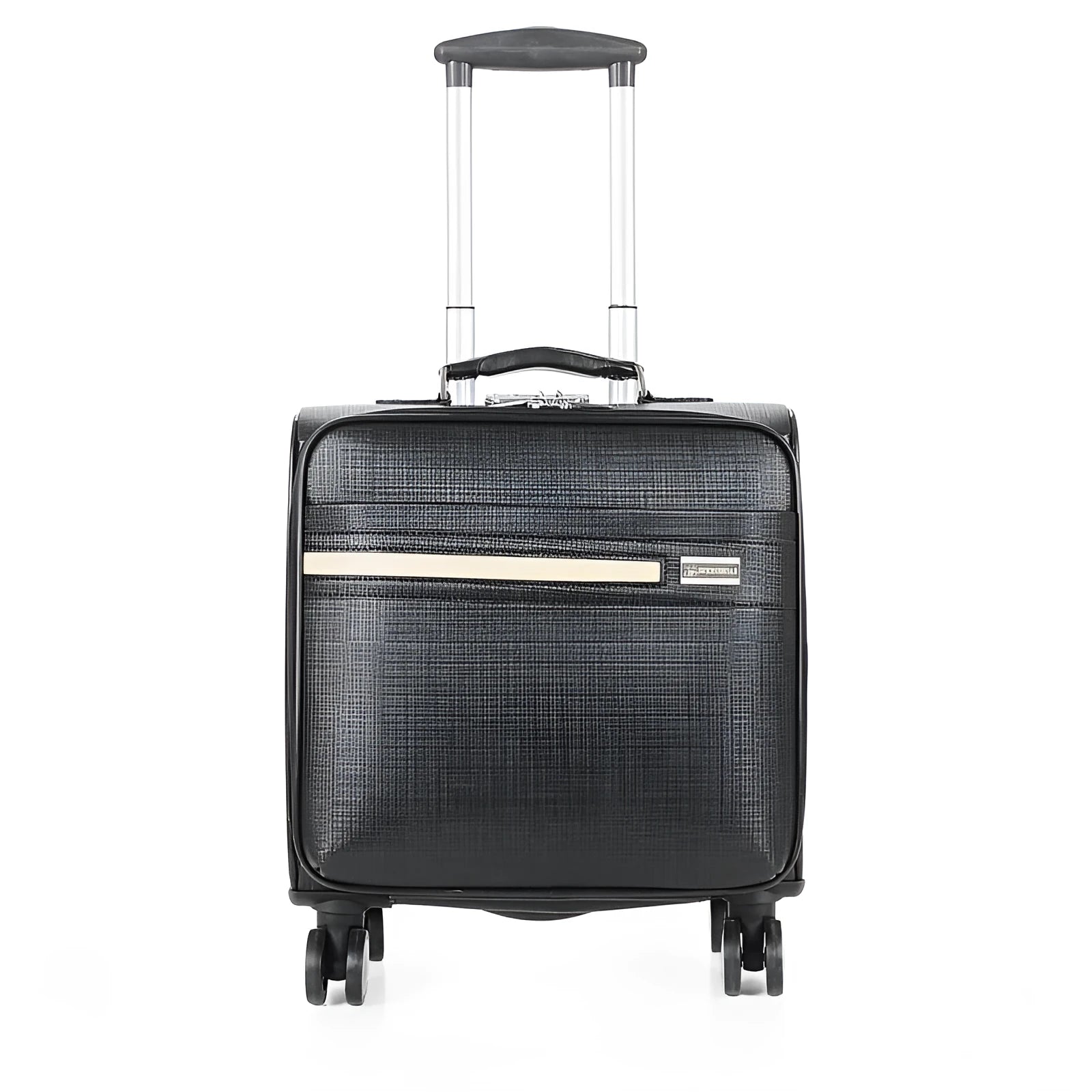 An 18-inch black PU leather business case with airplane wheels and a built-in lock.
