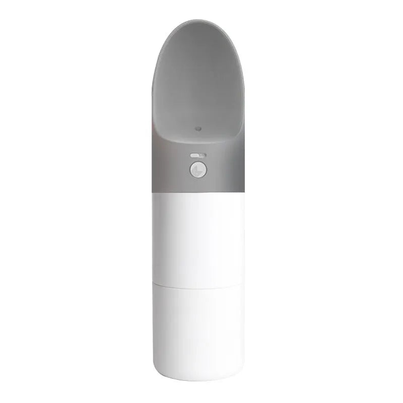 Moestar rocket-shaped pet drinking cup in white with grey or orange accents showing one-button lock mechanism