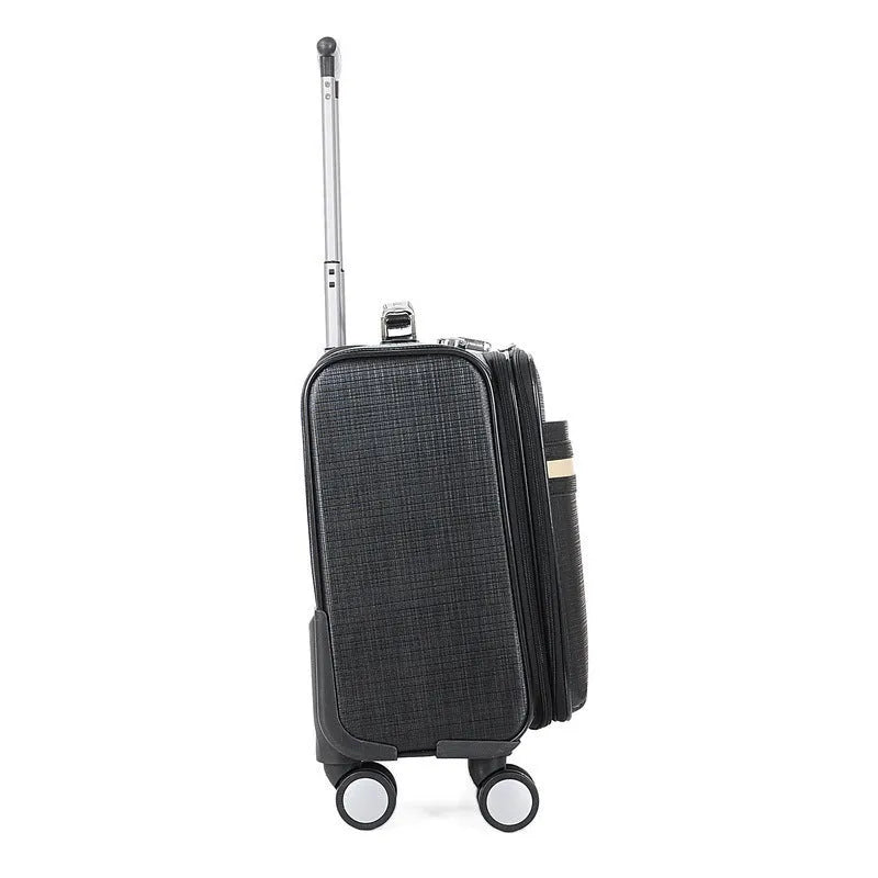 An 18-inch black PU leather business case with airplane wheels and a built-in lock.