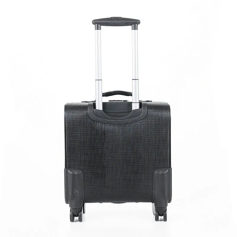 An 18-inch black PU leather business case with airplane wheels and a built-in lock.