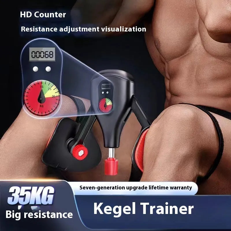 Black and grey Kegel trainer for men with optional straps and handle for PC muscle exercise.