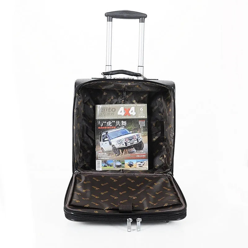 An 18-inch black PU leather business case with airplane wheels and a built-in lock.