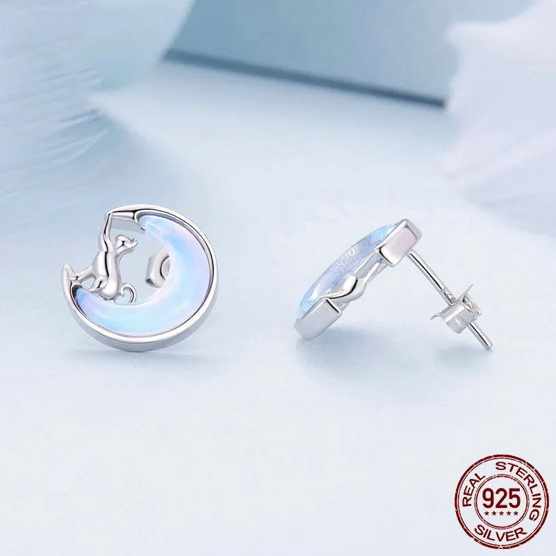 925 silver moon cat stud earrings with cute animal zodiac design
