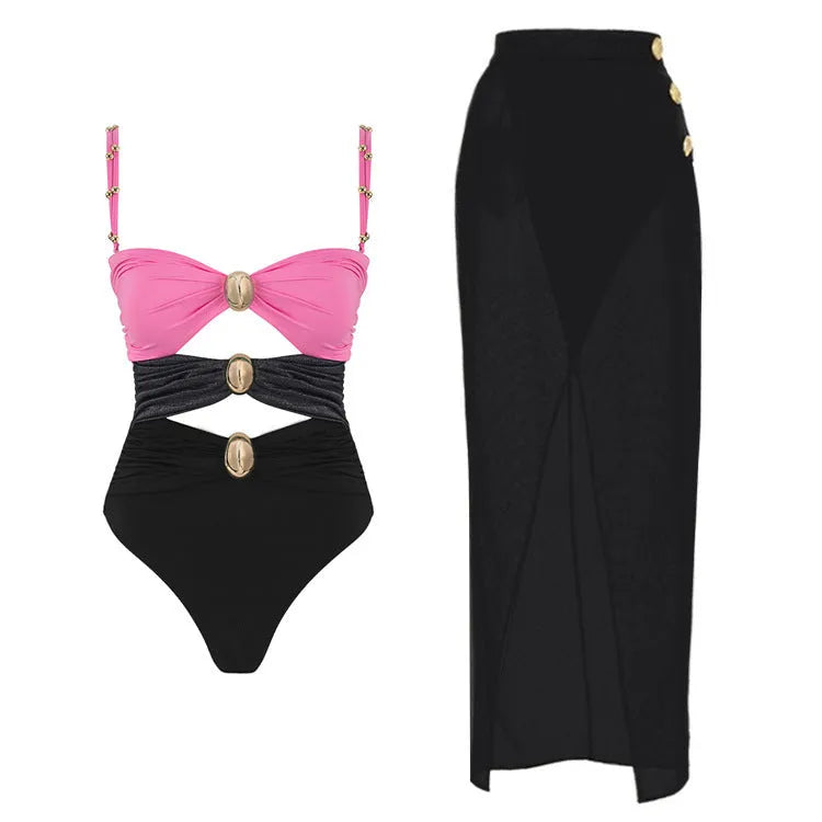 Women's gold button swimsuit with detachable skirt in nylon fabric, multiple colour options