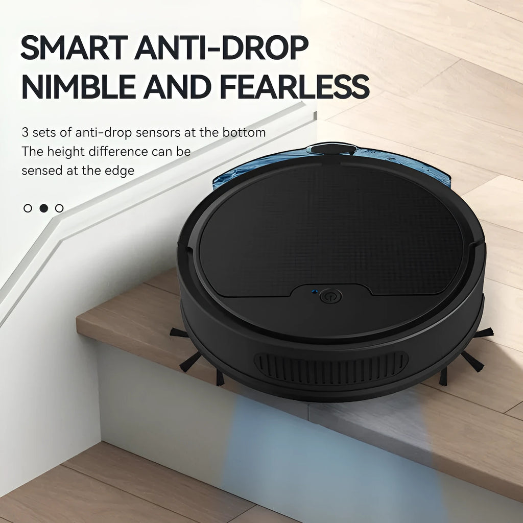 Intelligent sweeping robot with large water tank and 2000 Pa suction in black on hardwood floor