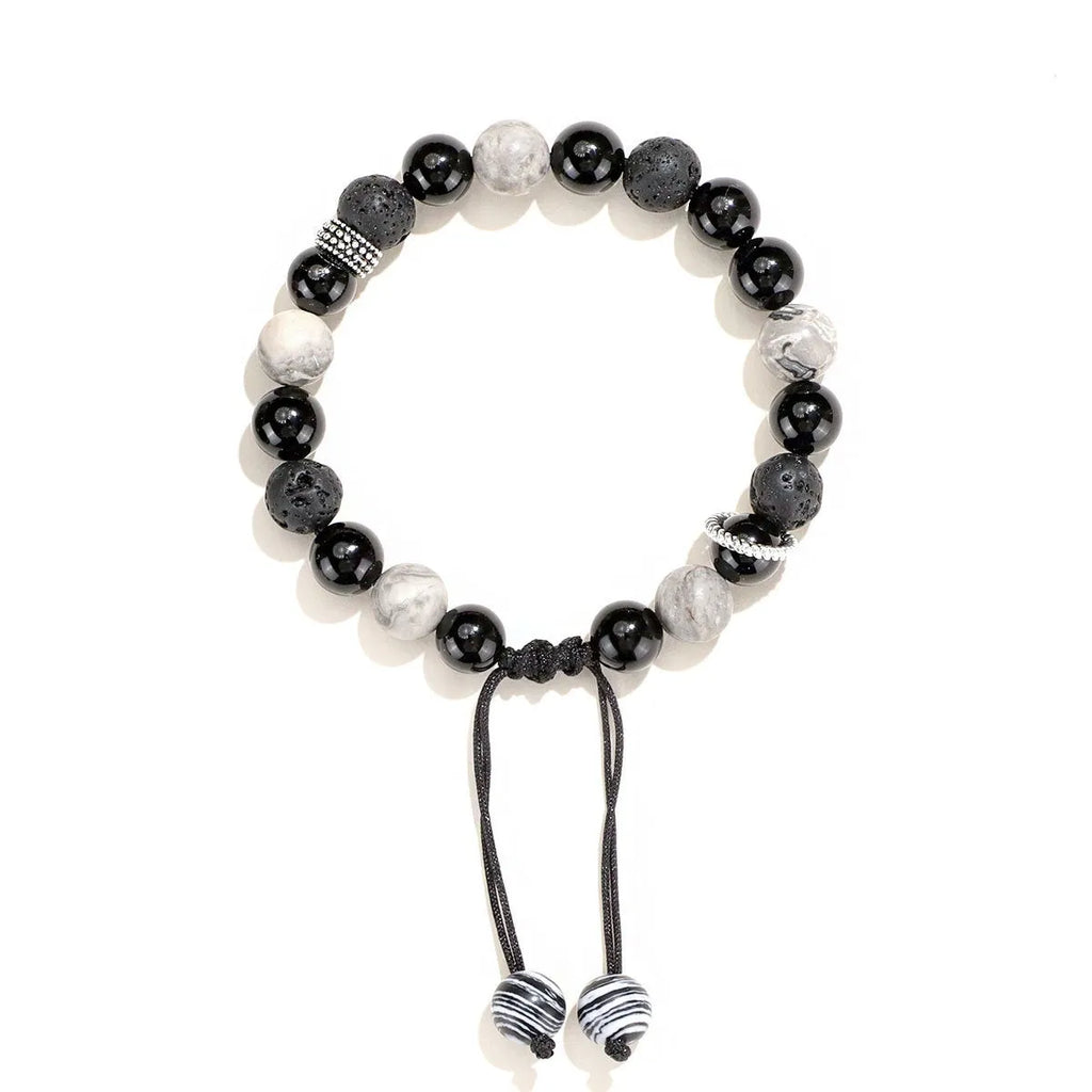 Black agate map stone and volcanic rock bracelet with diamond clasp in 8mm and 10mm sizes.
