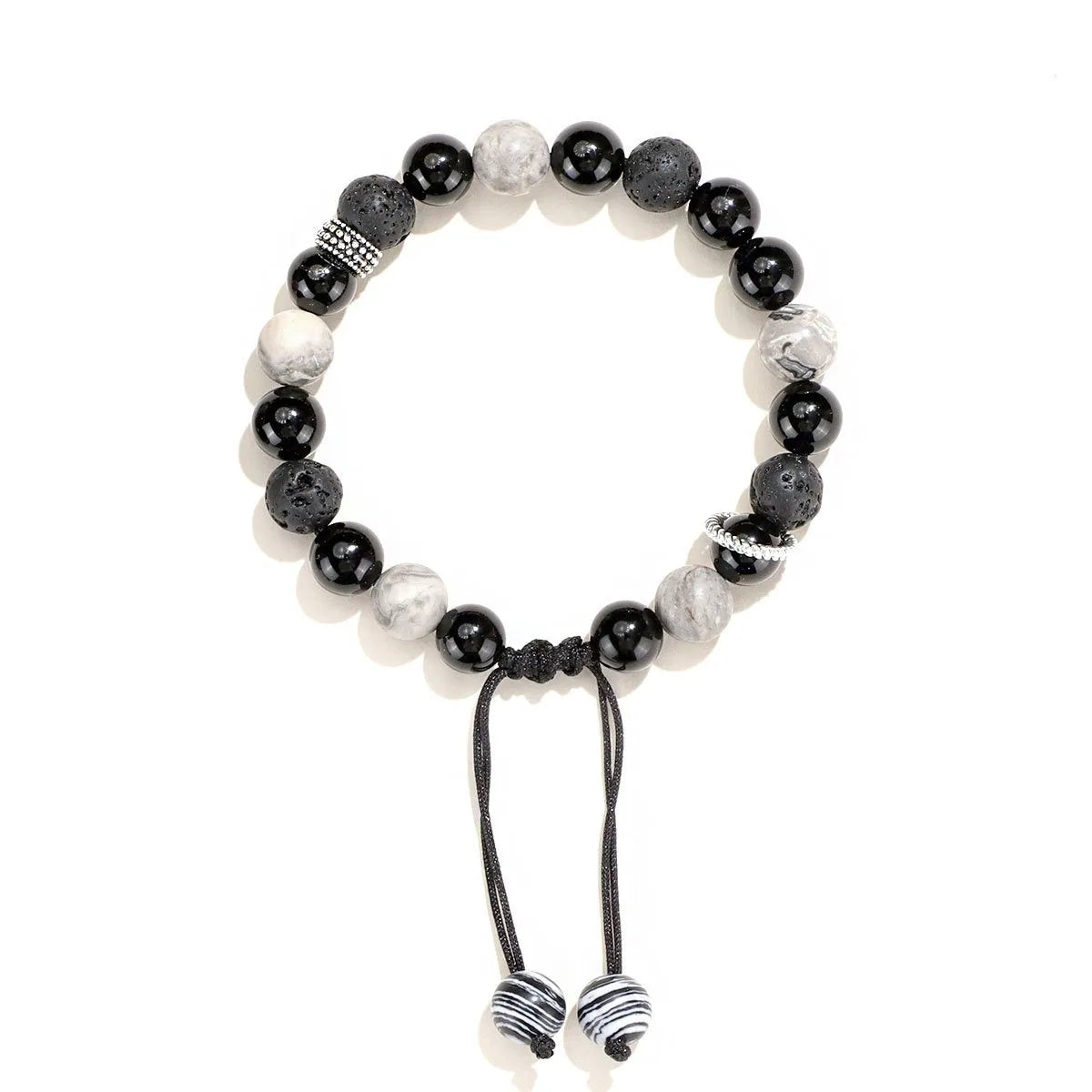 Black agate map stone and volcanic rock bracelet with diamond clasp in 8mm and 10mm sizes.