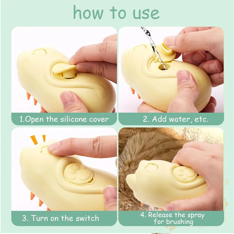 3-in-1 steamy pet grooming brush with self-cleaning steam function for cats and dogs