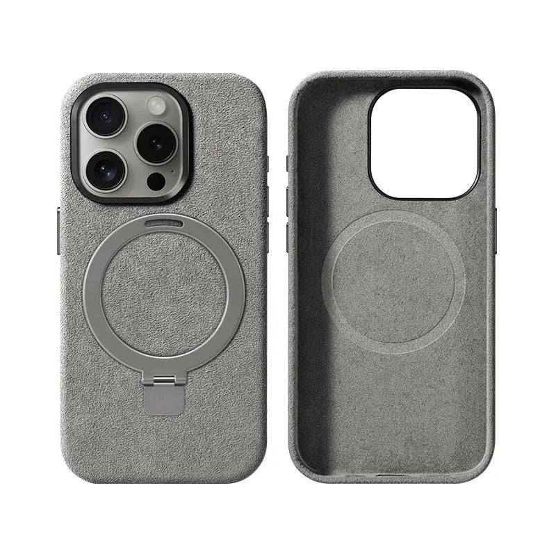 Creative all-match suede bracket phone case for iPhone 15 Pro and 15 Pro Max in dark gray with magnetic absorption and shockproof build