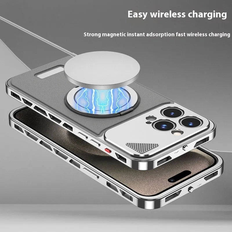 Two-in-one aluminium alloy phone case with leather spring fastener and rotating bracket in black and blue colour