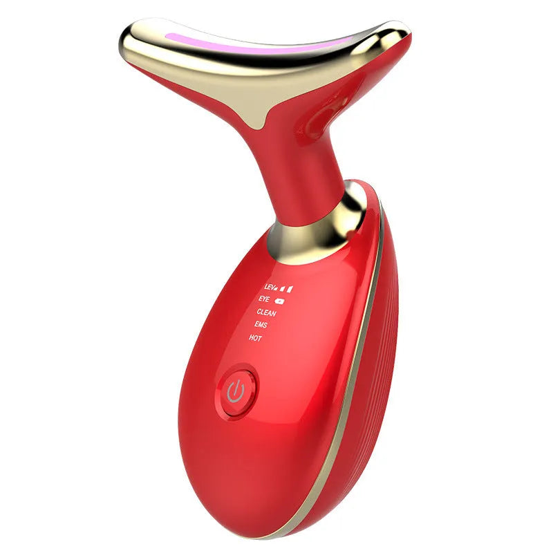 Black silver EMS thermal neck massager with LED lights for skin tightening and wrinkle reduction