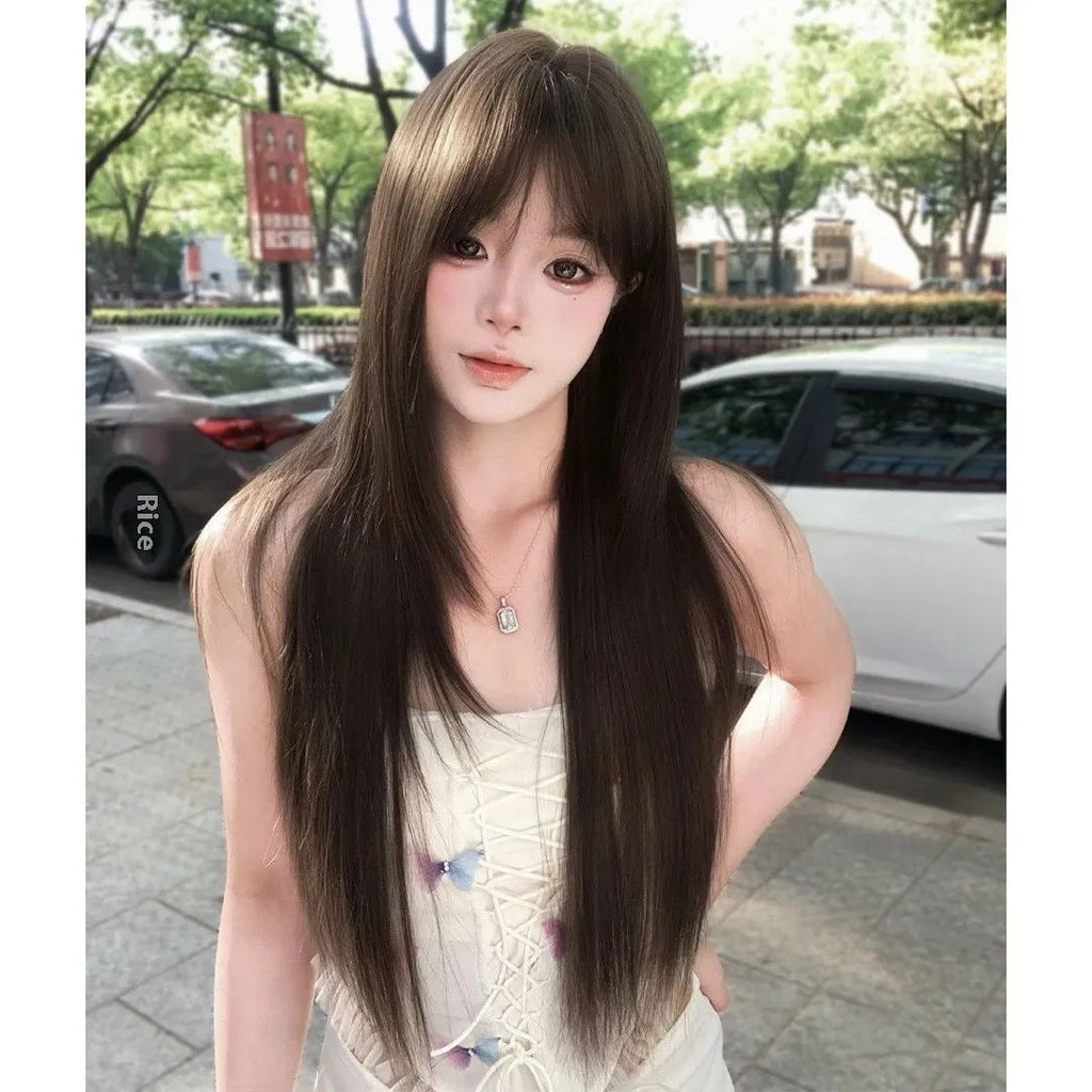 Brown black ladies wig with built-in hair net, seven-piece high-temperature fibre construction