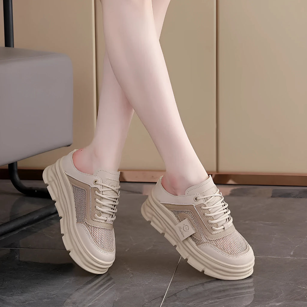 Women's breathable mesh half slippers with height-increasing insole in black, khaki or white