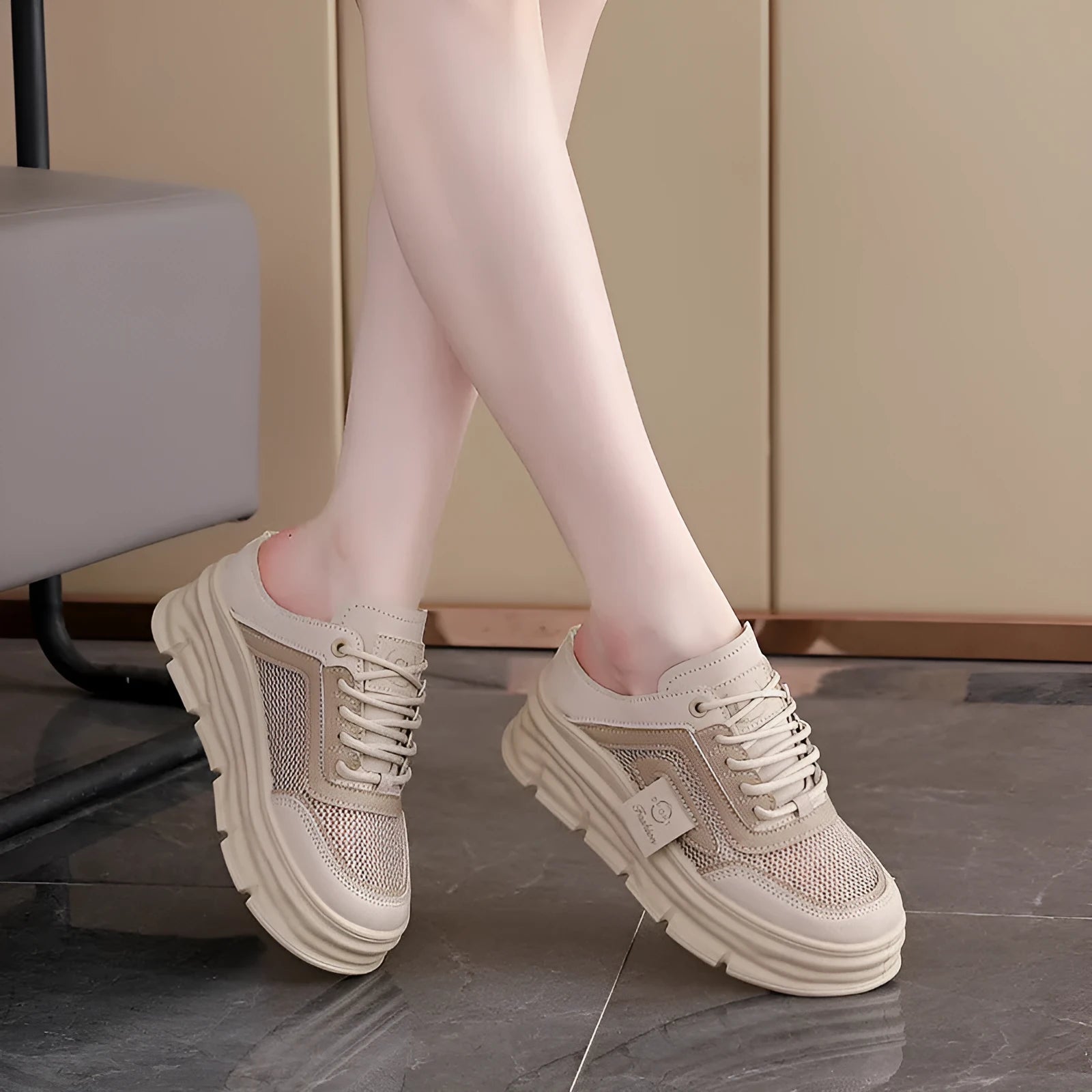 Women's breathable mesh half slippers with height-increasing insole in black, khaki or white