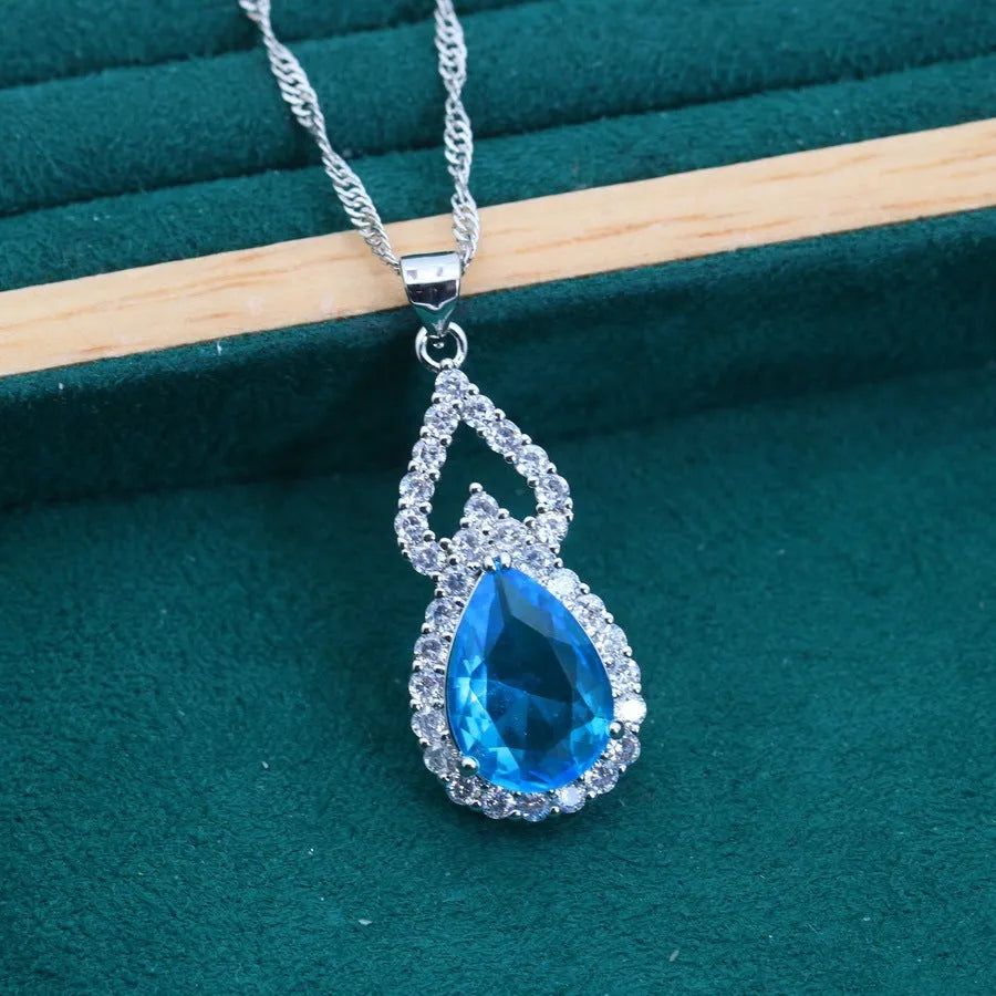 Copper inlaid zircon water drop jewellery set with earring ring necklace in electroplated finish