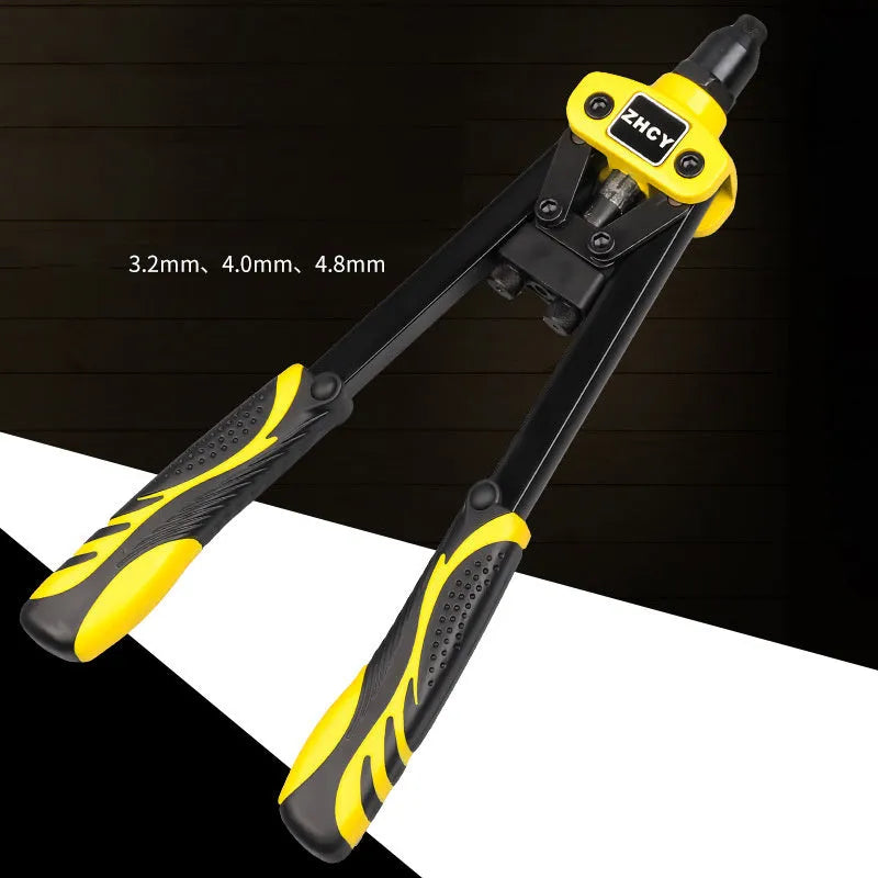 Yellow 13-inch manual rivet gun with three built-in tips for household metal fastening