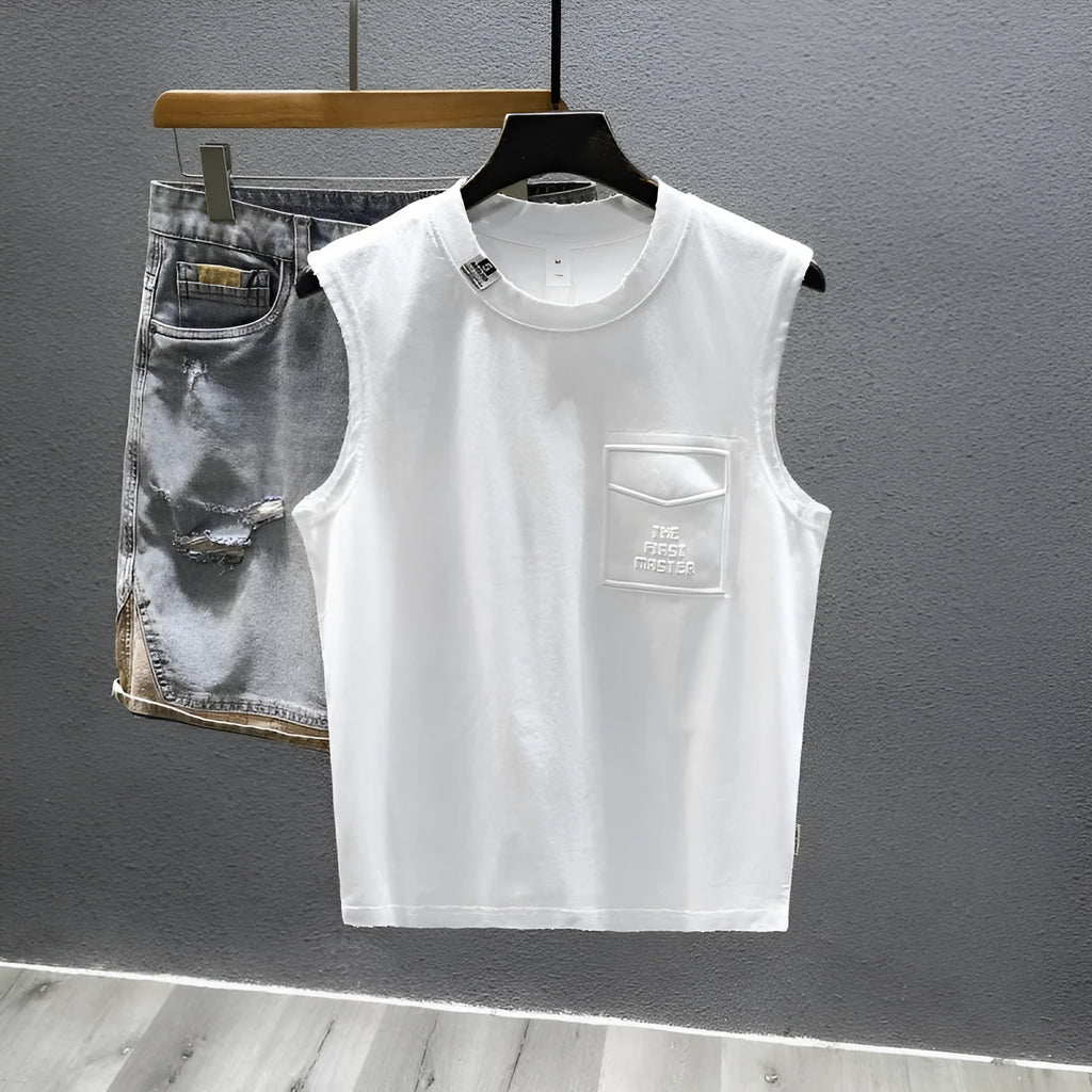 Men's solid black loose fit cotton sleeveless t-shirt with a straight hem.