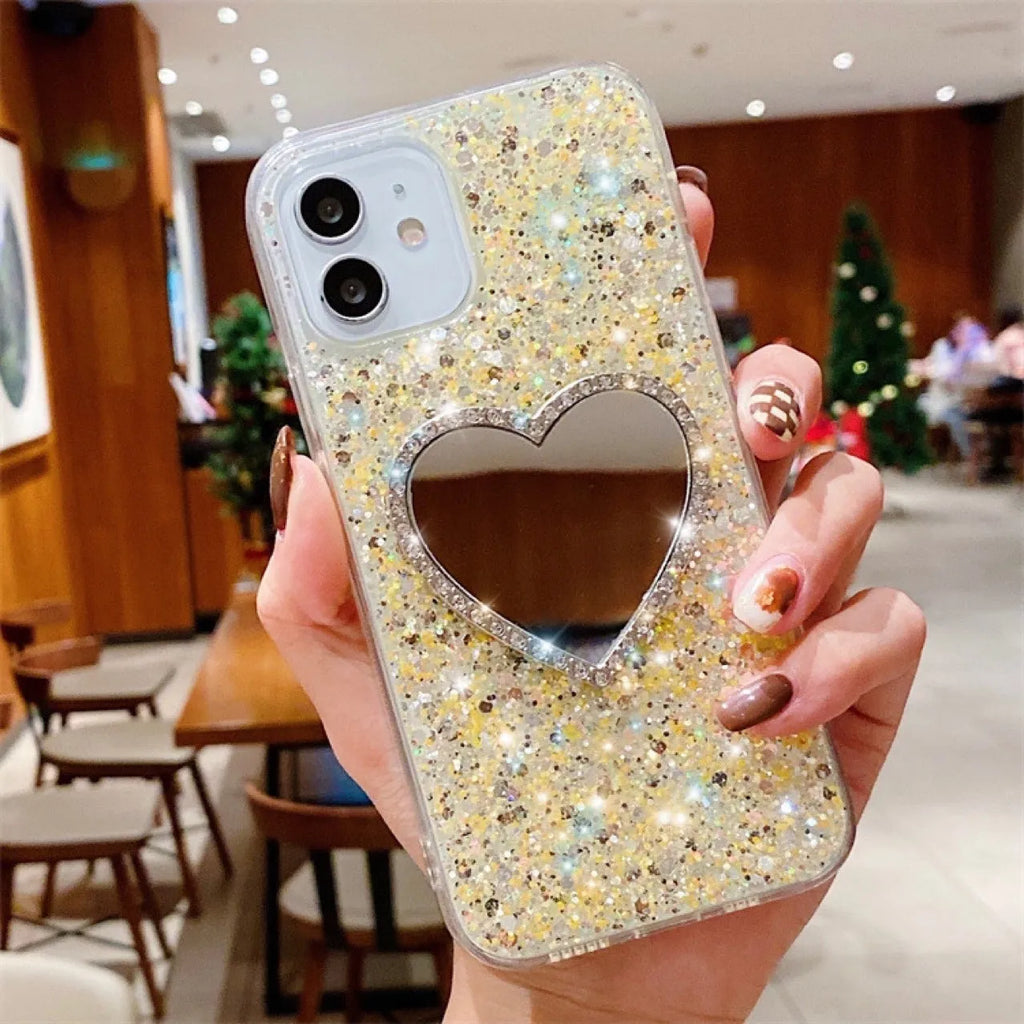 Epoxy mirror heart shape rhinestone phone case for Apple iPhone in glitter heart mirror-gold finish with reflective surface