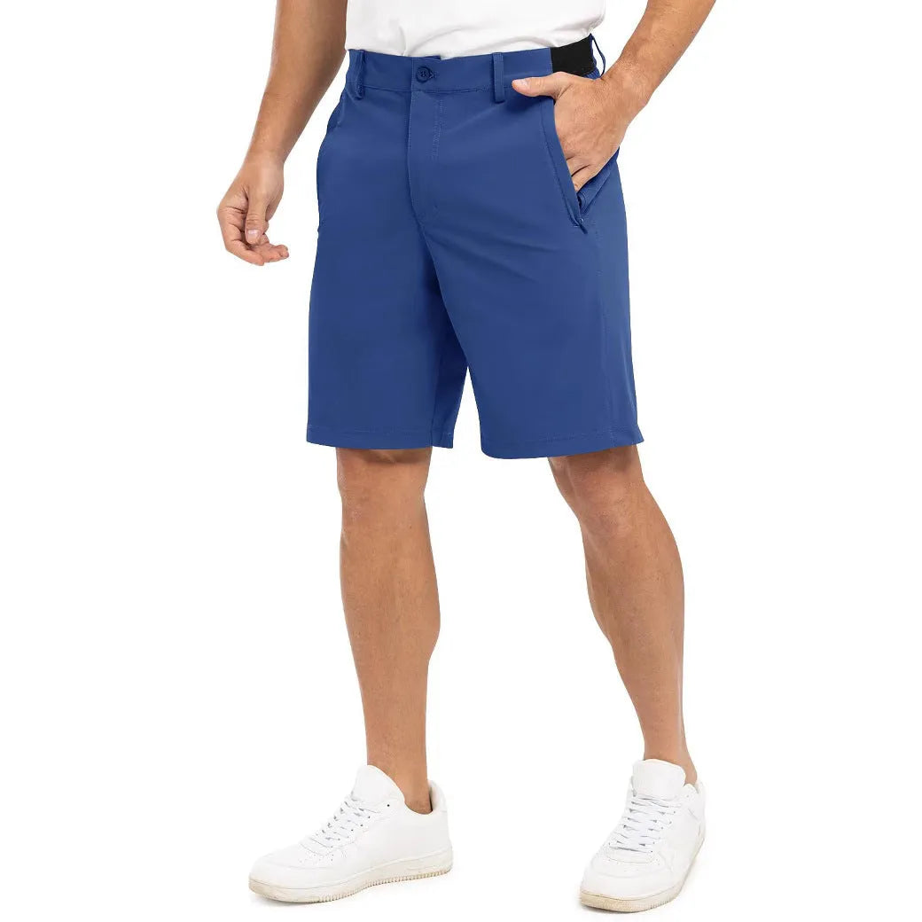 Men's cotton loose fit golf shorts in khaki, front view, with elastic waist and straight-leg cut.