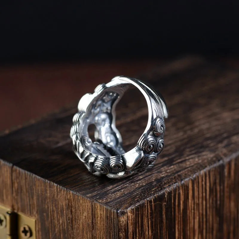 Silver open ring with detailed Jibeast pattern zodiac animal design and retro styling