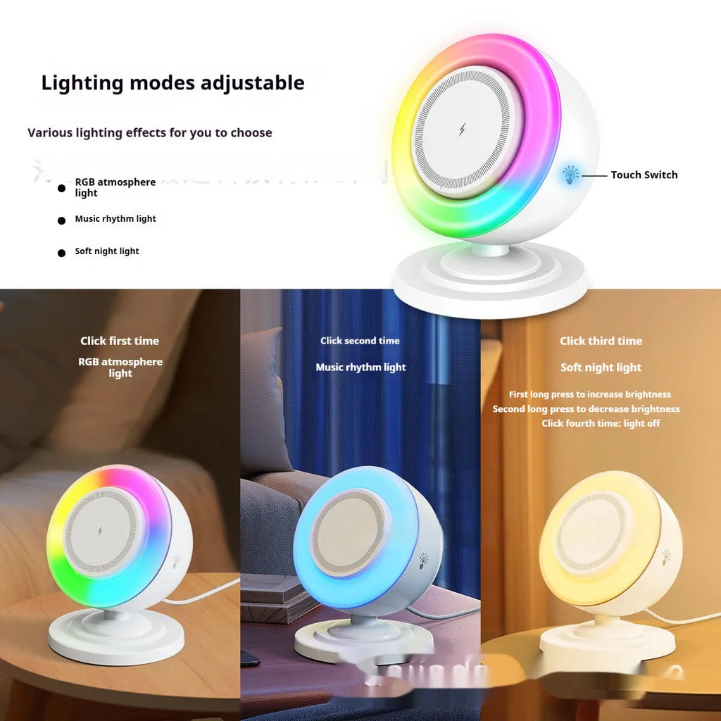 Three-in-one wireless charger with Bluetooth speaker and coloured lights in white finish