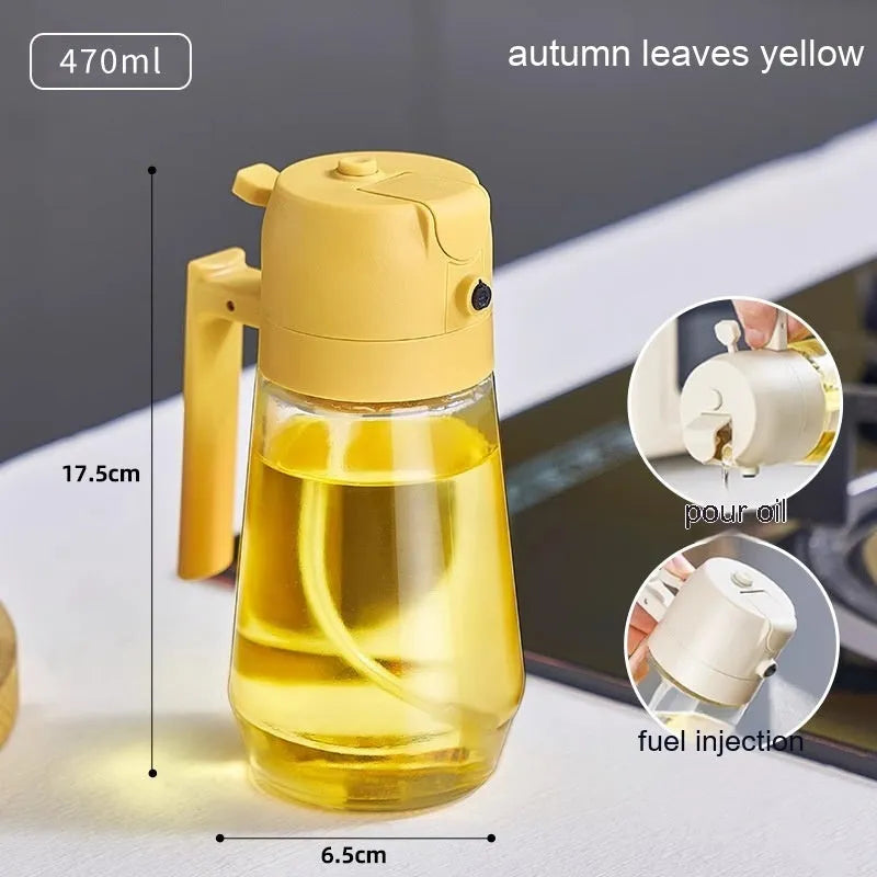 Glass olive oil sprayer dispenser with 470ml capacity and dual spray/pour function
