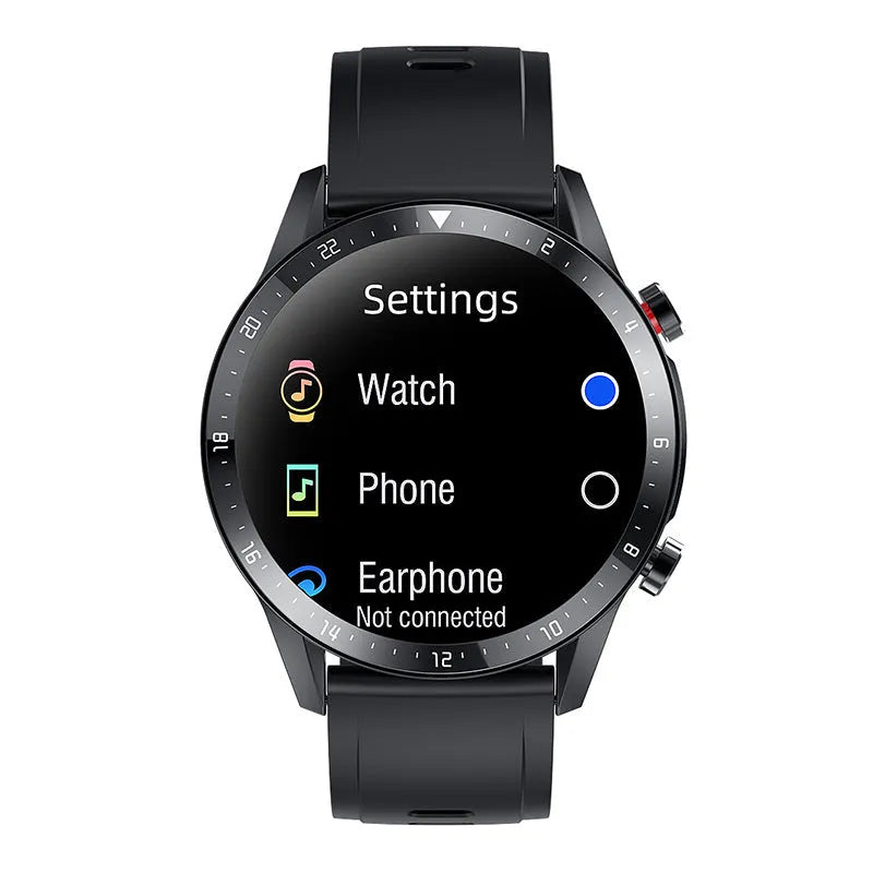 Black Bluetooth smart watch with 1.3-inch screen on wrist, showing call and music icons.