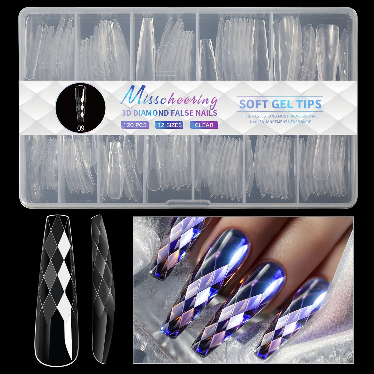 Pack of clear glitter nail extension tips showing 3D diamond design in various colours.