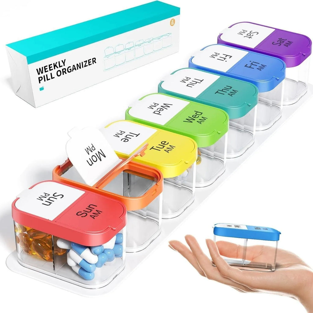Large white and rainbow coloured plastic pill organiser box with 14 removable compartments, shown open.