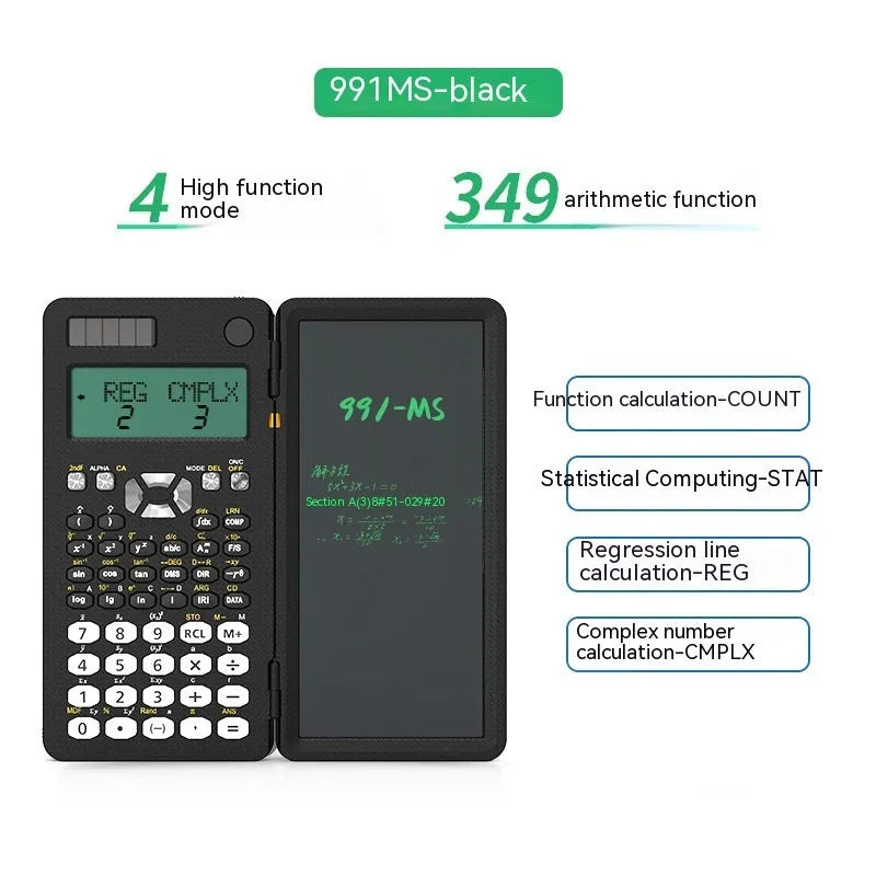 Black 2 in 1 foldable scientific calculator with handwriting LCD notepad on a desk