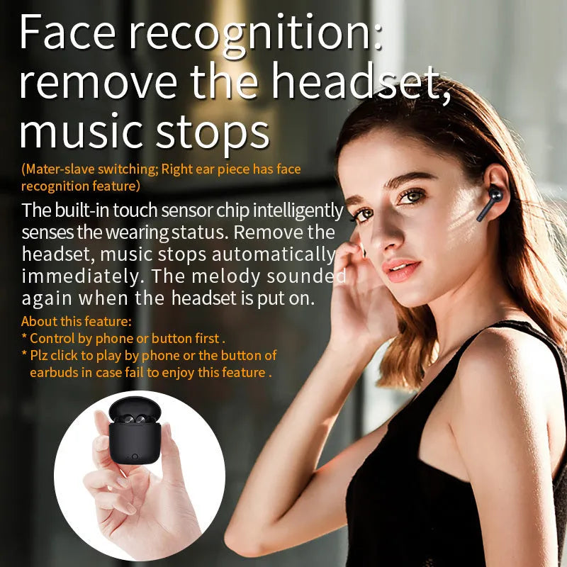 Black TWS Bluetooth headset with compact charging case measuring 60 x 67.5 mm