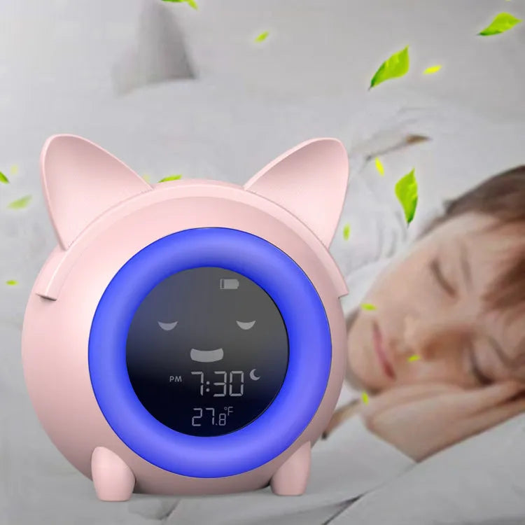 Small round cartoon alarm clock with LCD display and luminous feature in light blue