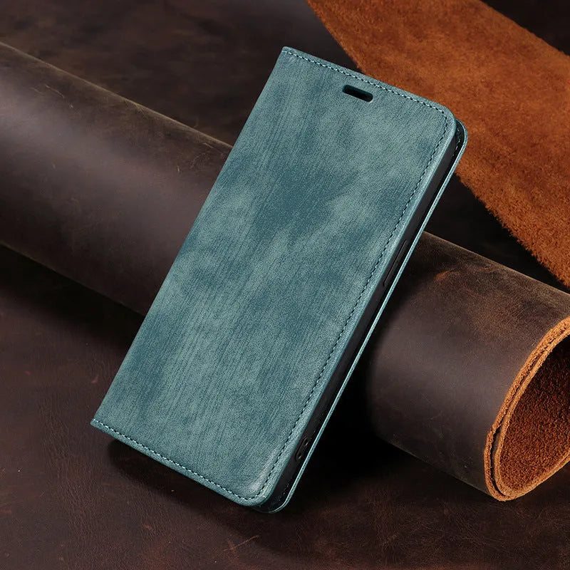 Magnetic flip phone case for iPhone in black, showing closed front cover with leather finish.