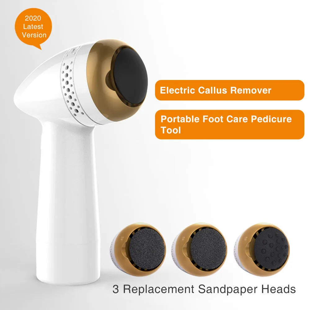 Gold-coloured electric vacuum foot grinder with a refined quartz grinding head on a white background.