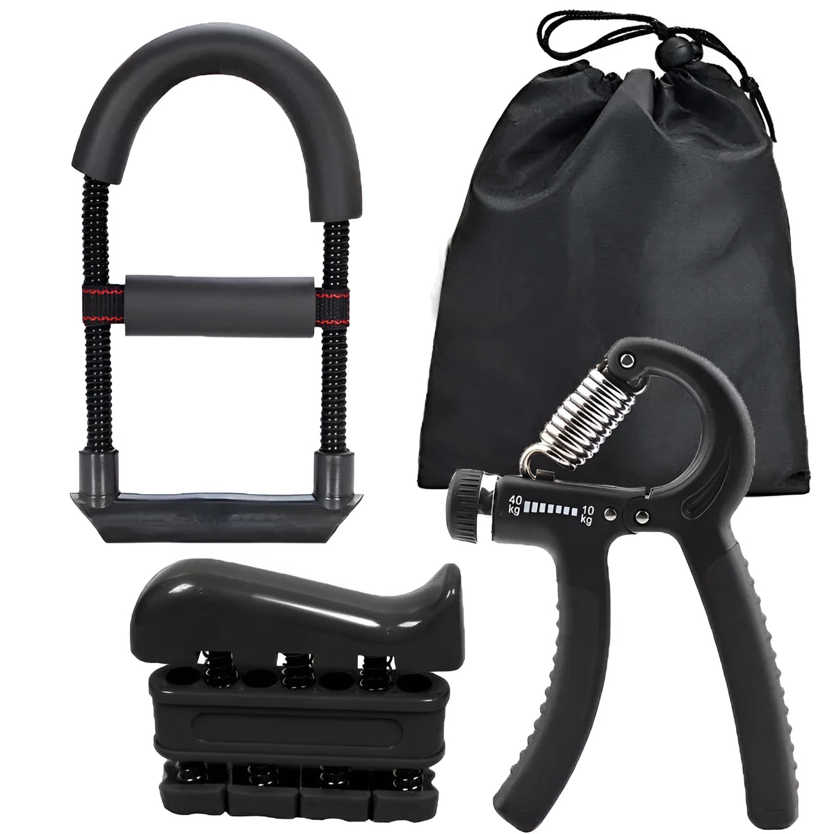 Adjustable handle set with 45LB wrist force former, hand gripper, and finger exerciser or grip ring in ABS TPR