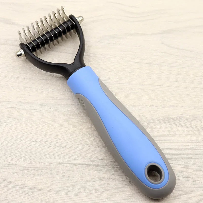 Pet long-haired dog knot comb double-sided blade dematting tool with stainless steel needles ABS TPR handle blue and pink colour options