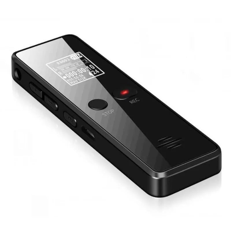 Black USB flash drive MP3 voice recorder with zinc alloy shell showing LCD display and controls