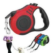 Automatic telescopic pet traction rope with one-handed braking, TPE PP handle, nylon lead, and metal buckle in blue, red, yellow, or green