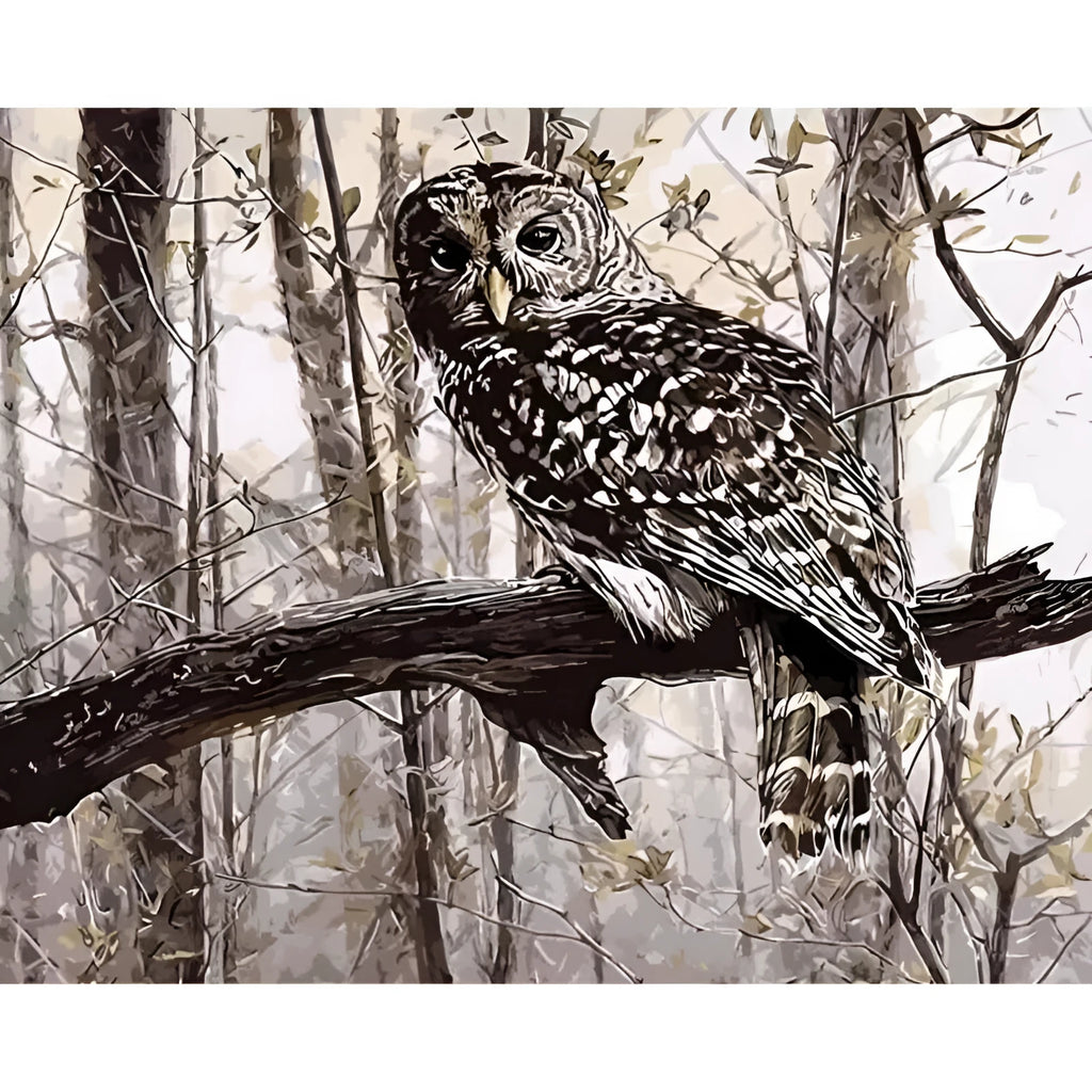 Owl digital painting kit showing canvas, acrylic paint pots, and brushes on a table.