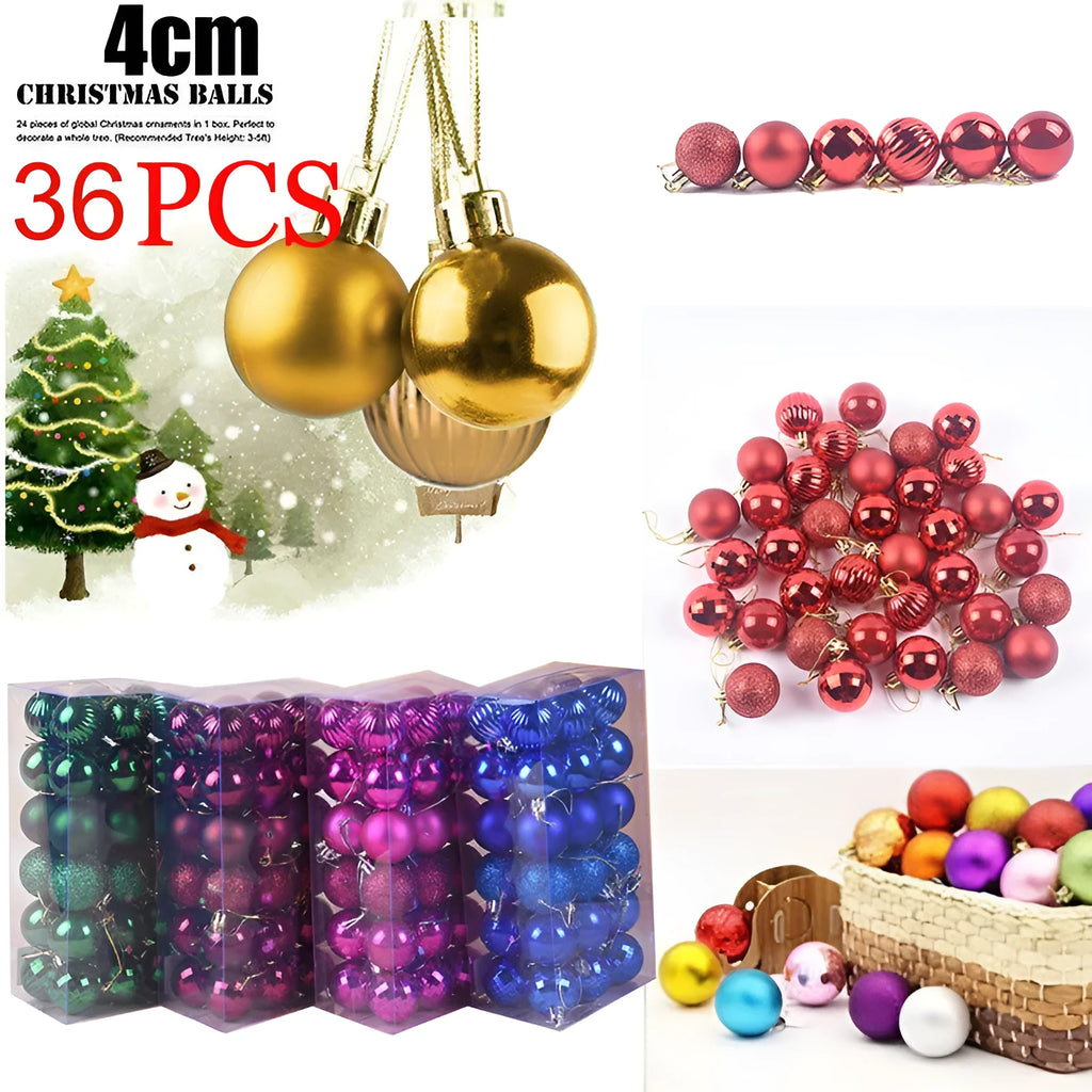 36 Christmas baubles whole box set with 4cm colour balls in red gold silver blue and other festive colours
