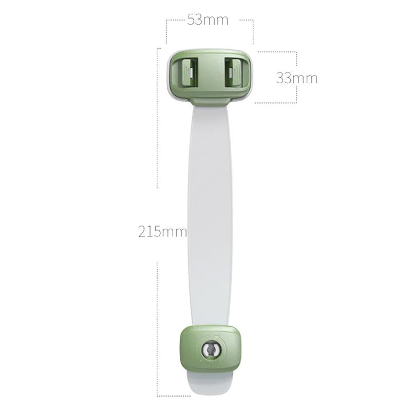 Adjustable child safety cabinet lock with strap showing grey colour and adhesive backing