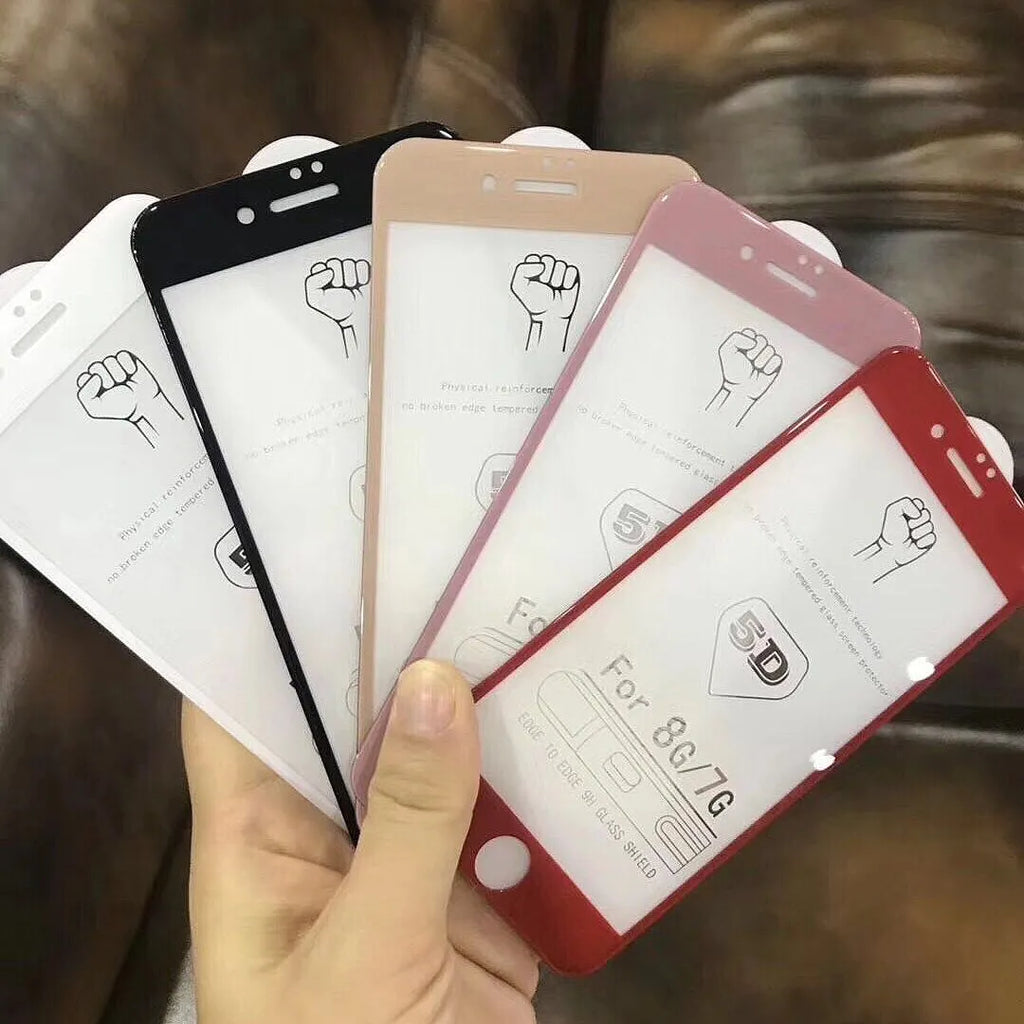 Tempered glass screen protector for iPhone with 5D cold carved full screen cover in black, white, red, pink, or gold.