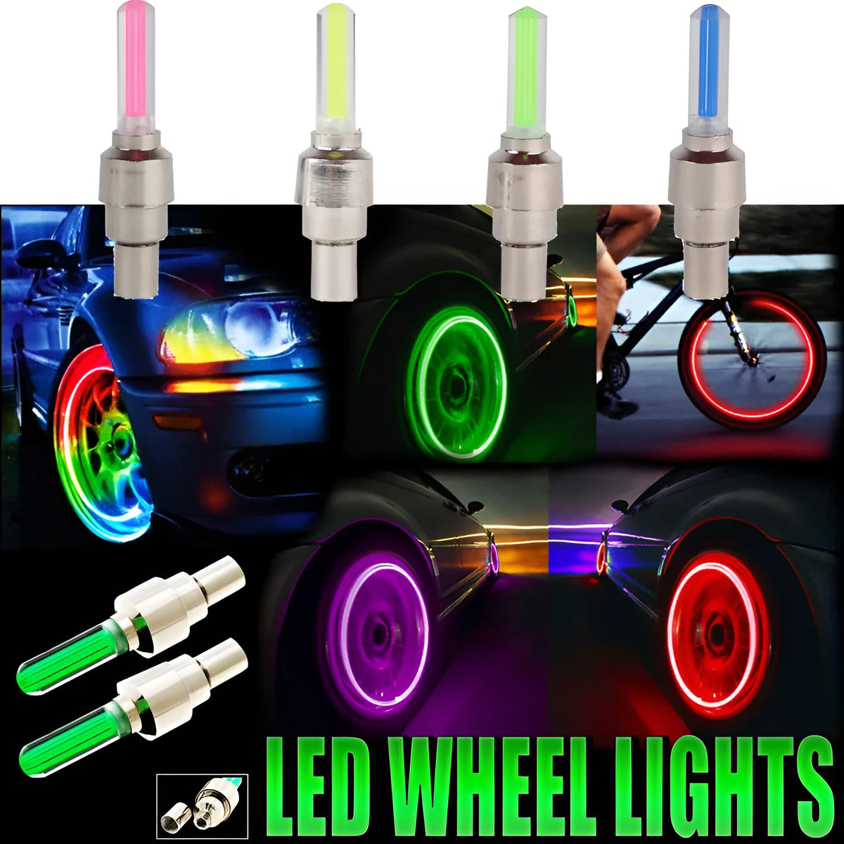 Stainless steel wheel valve light for bike motorcycle car – battery included – pink blue green