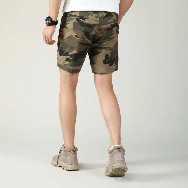 Green camouflage cotton shorts for youth men with zip fly and mid waist design