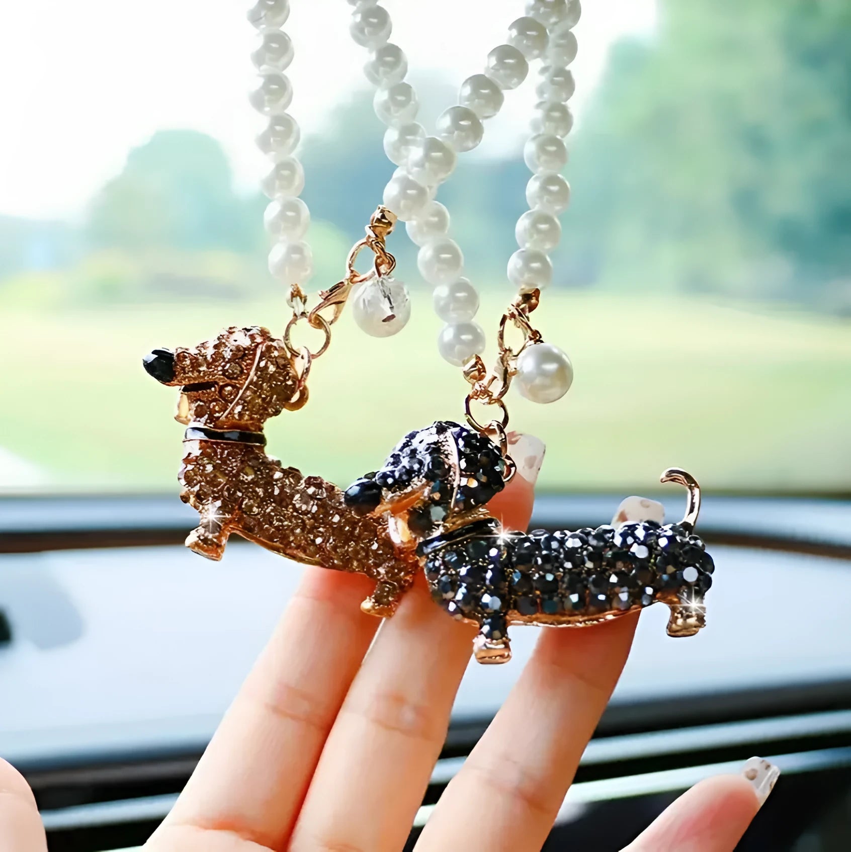 Diamond-embedded dachshund puppy hanging car rearview mirror pendant in alloy with light luxury finish