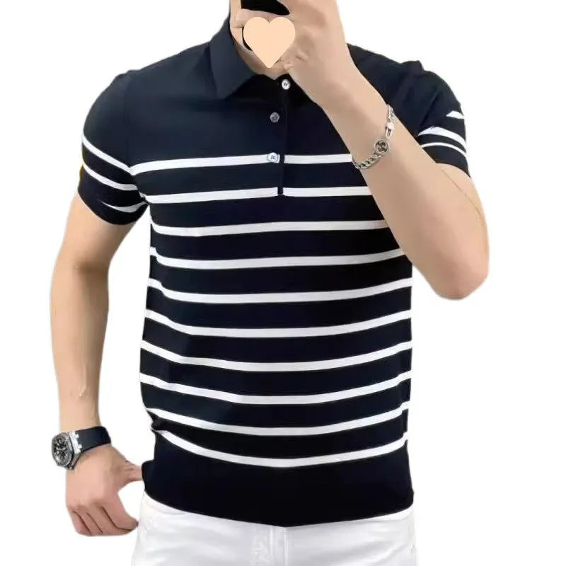 Man wearing a black and white striped knit t-shirt with a lapel collar, casual pullover style.