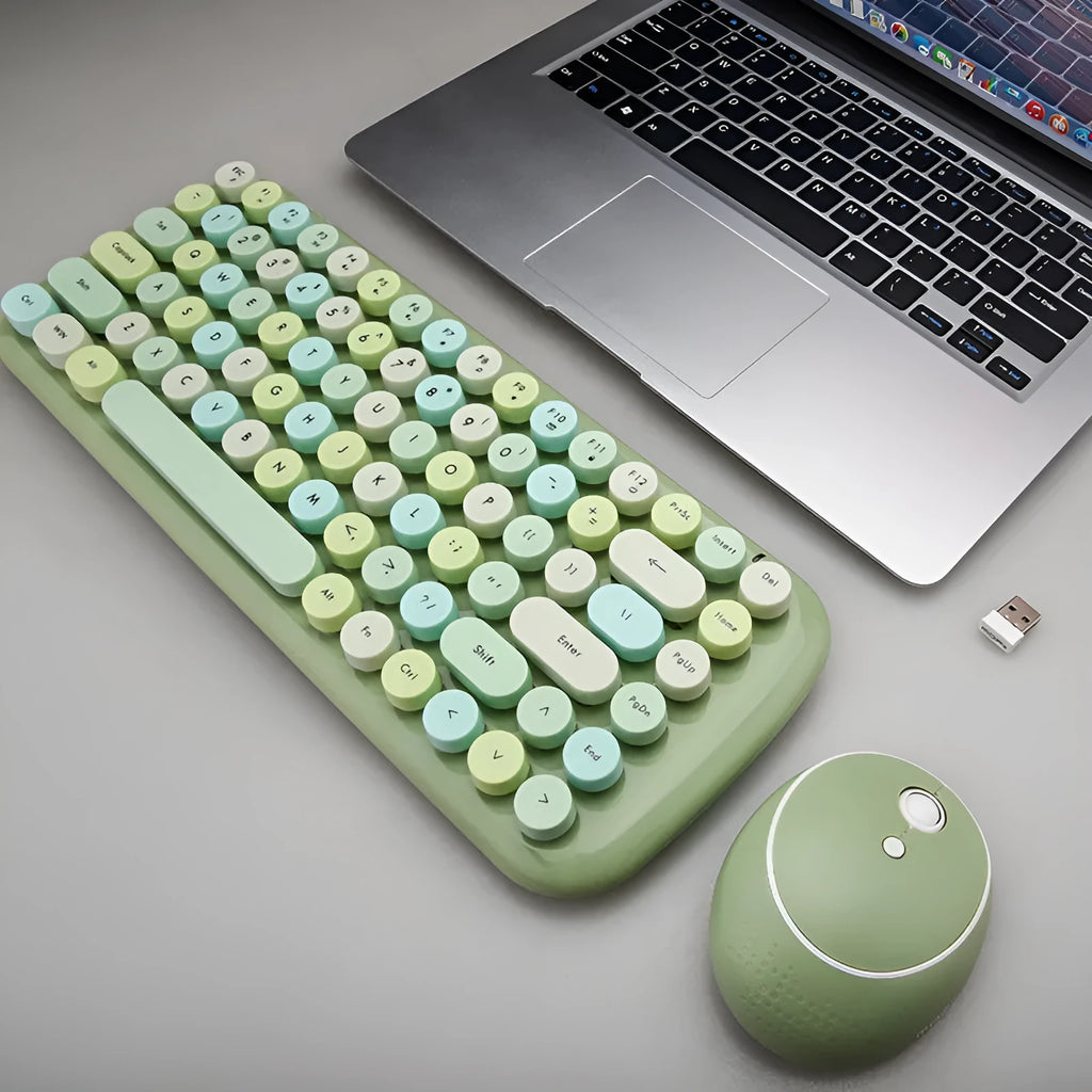 Mini wireless keyboard and mouse set in blue, green, pink, yellow, and milk tea colours on desk